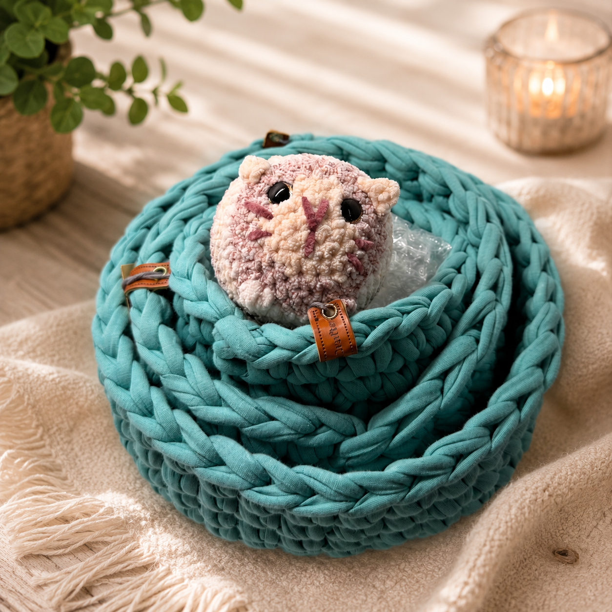 Handmade crochet basket and plush by Cotton Crafter